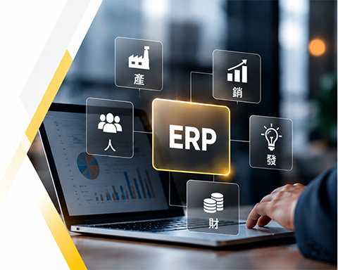 ERP 系統整合產、銷、人、發、財示意圖